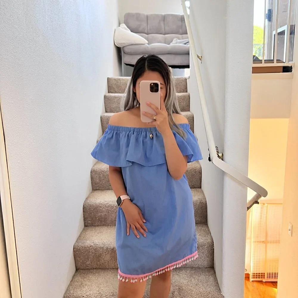 REMY Creations Chambray Off The Shoulder Pompom Hem Mini Dress S‌‌‌‌‌‌‌‌‌‌‌‌‌‌‌
